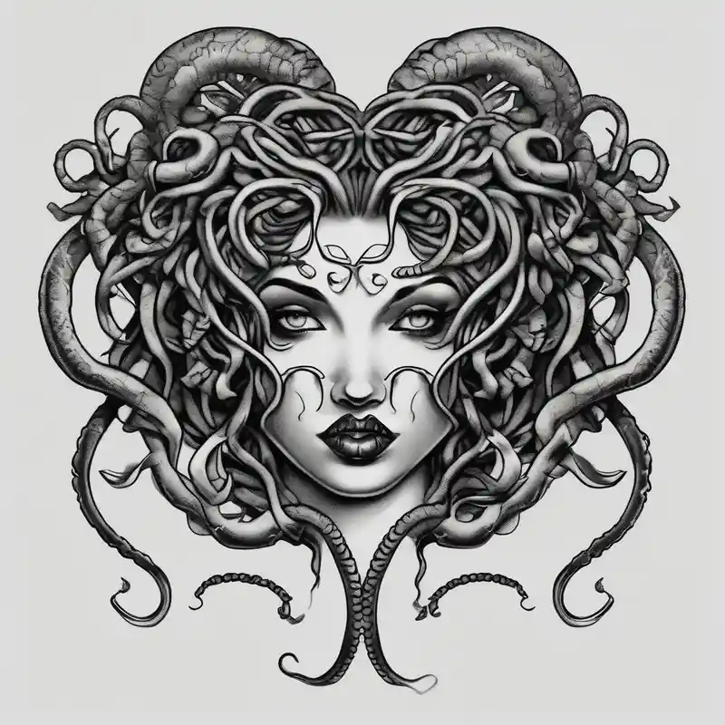 Realistic beautiful Medusa tattoo biting a heart second skin tattoo
